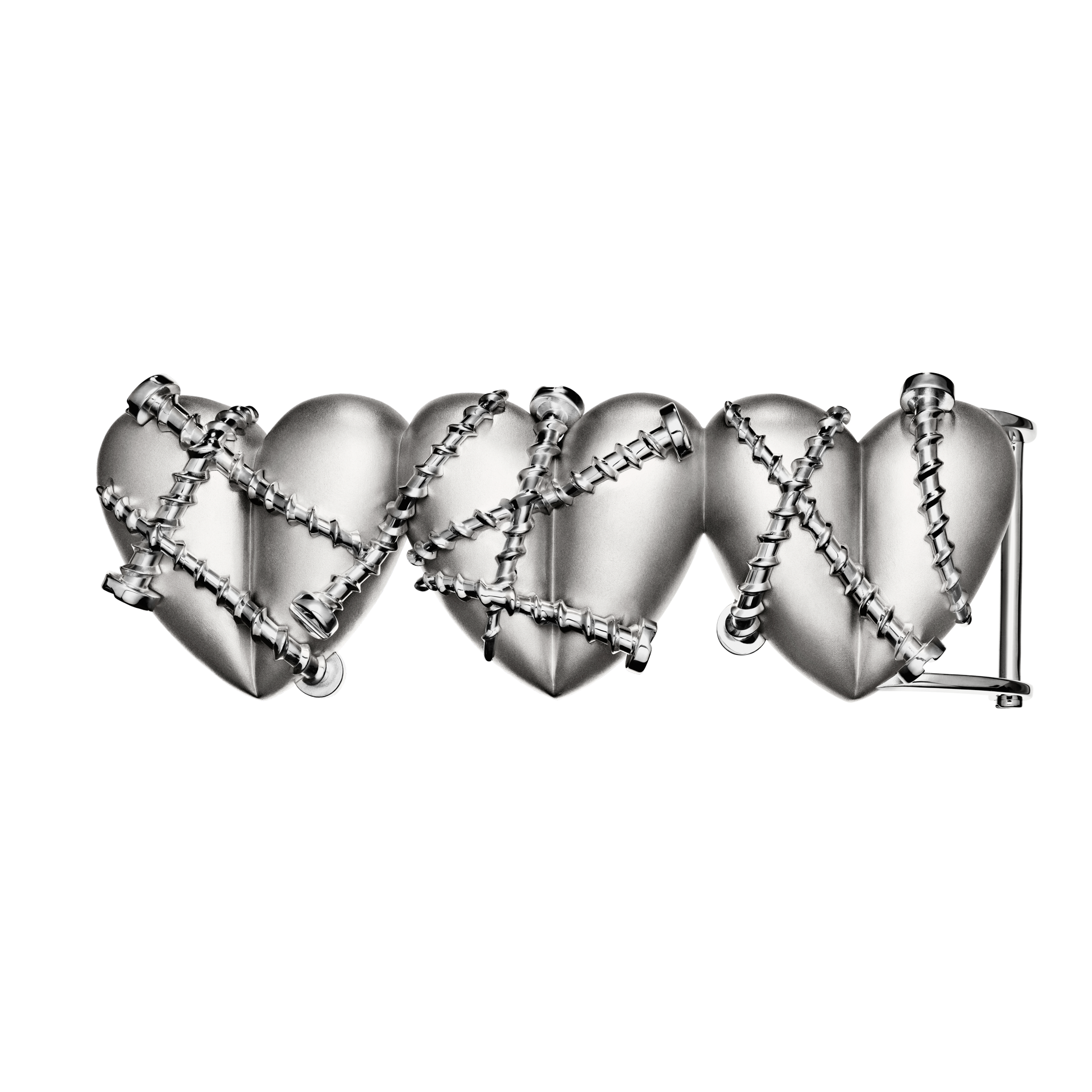 A detail of Triple Heart Belt with Screws in Silver